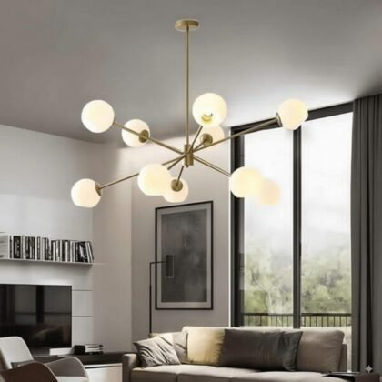 BOKT 10 Lights Mid Century Modern Glass Globe Sputnik Chandelier (Gold, Frosted Opal White Glass)