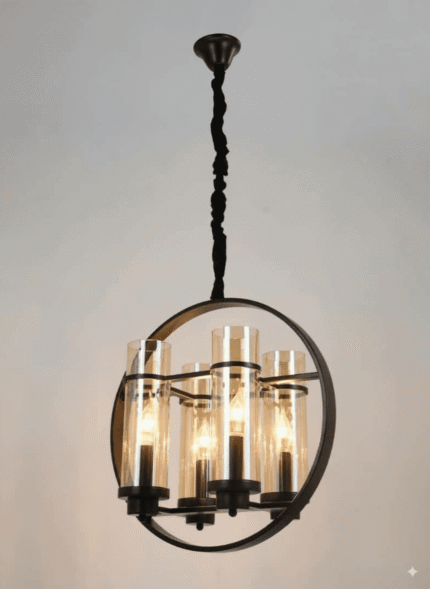 Q&S Rustic Farmhouse Light Fixture – 4-Light Industrial Metal Pendant Chandelier with ORB and Oak White Finish, Vintage Round Chandelier for Kitchen Island and Dining Room